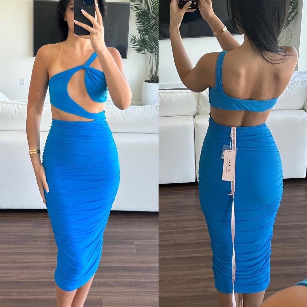 Oh Polly Electric Blue One-Shoulder Cutout Midi Dress